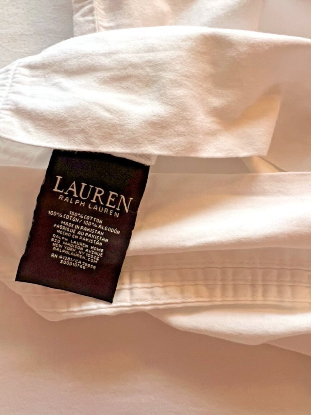 Ralph Lauren Pillowcase Standard Black Label White 100% Cotton Bedding 3 Tucks